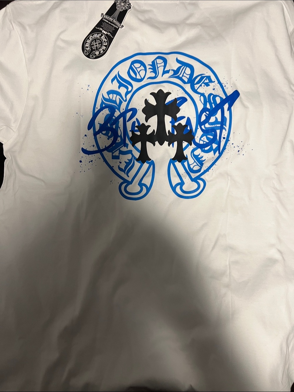 Comme des Garcons x Chrome hearts White Tee with Black and Blue Graphic Tag